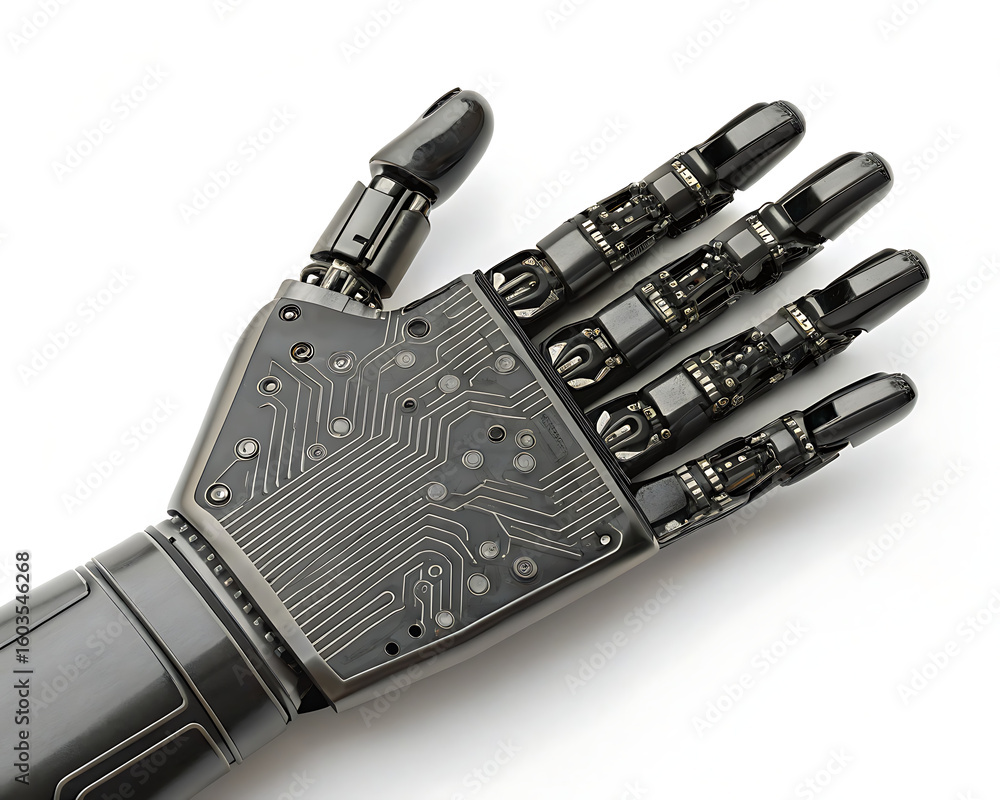 Poster detailed view of a black robotic hand with circuit board design on a white background surface