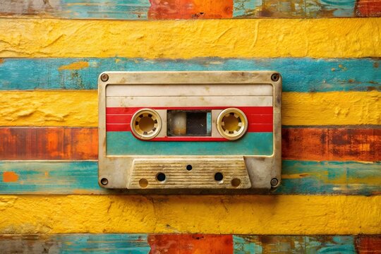 Retro cassette tape with colorful distressed wooden background representing nostalgia and music - Powered by Adobe