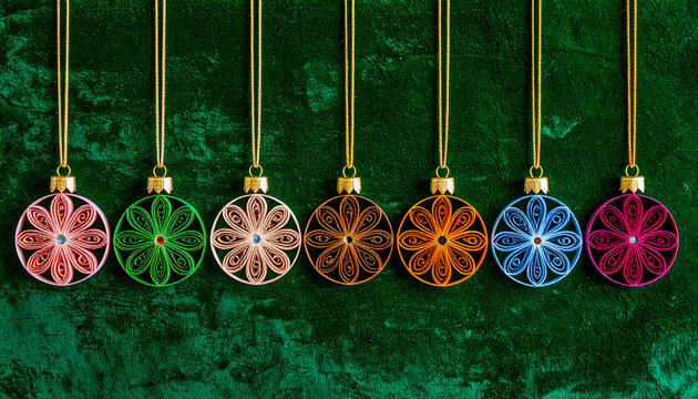 Quilled Paper Christmas Decor for Christmas Cards: Colorful Quilled Ornaments with Hangers on Green Velvet 148