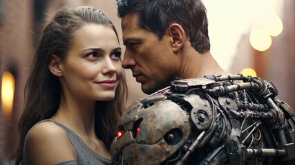 Male android robot hugs a woman. Relationship between artificial cyborg and real girl. Closeup footage