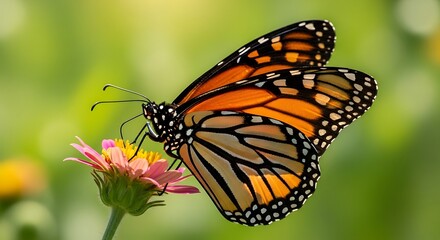 Fototapeta premium Monarch butterfly gracefully perched on a vibrant pink zinnia flower, feeding with delicate