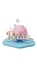 3 D render of pink bath bomb with relax text and bubbles on blue water plastic 3d abstract