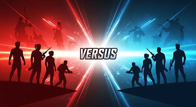 Versus battle concept with two teams clashing in a dynamic red versus blue scenario