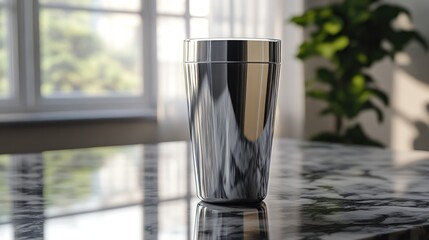 Reflective metallic tumbler on marble table near window.