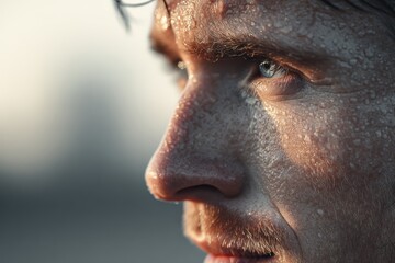 Obraz premium Close-up Portrait of Determined Athlete with Sweat on Face During Intense Workout at Dusk, Highlighting Persistence and Physical Endurance in Natural Outdoor Setting