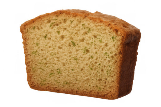 Close-up of a single slice of moist pound cake featuring visible lime zest, isolated on a transparent background - Powered by Adobe
