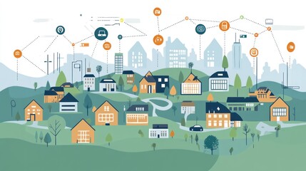 Smart city illustration showing interconnected homes, buildings, and infrastructure.