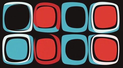 Abstract geometric pattern with red, black, and teal rounded squares on black background.