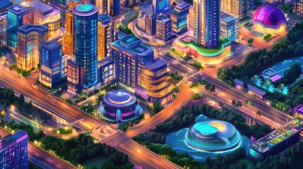 Night cityscape, isometric view of modern city with illuminated buildings, roads, and parks.