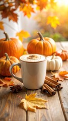 Autumn Pumpkin Spice Latte with Fall Leaves