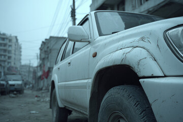 Dusty white SUV in urban street