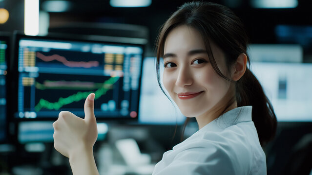 Asian female investor or day trader, smile and thumbs up