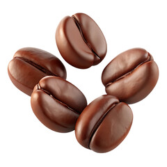 Fototapeta premium Five roasted coffee beans arranged in a circular pattern isolated on transparent background
