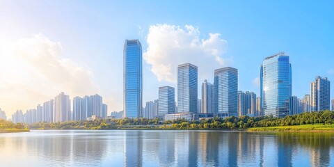 Naklejka premium Modern Cityscape with Skyscrapers Reflecting in a Calm Lake