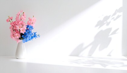 Soft pink and blue pastel flower shadows cast on plain white wall in natural light
