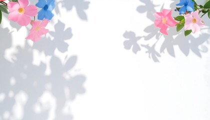 Soft pink and blue pastel flower shadows cast on plain white wall in natural light