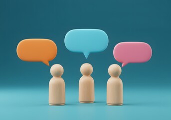 3D render of three wooden figures standing in front of a blue wall, Three wooden figures stand beneath vibrant speech bubbles a blue backdrop, communication, ideas, collaborative discussions.