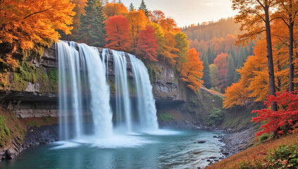 Fototapeta premium Majestic Autumn Waterfall in Golden Forest, Serene Nature Landscape with Vibrant Fall Foliage, Luxury Travel, Wellness & Lifestyle