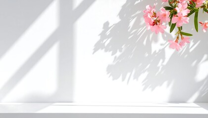 Soft pink flower shadows cast on plain white wall in natural light, clean minimal