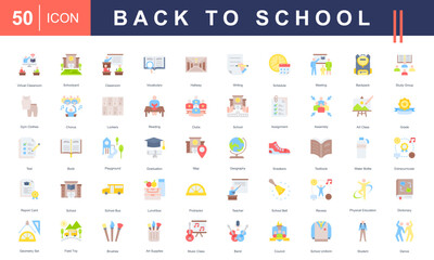 Back to School icon set featuring icons for classroom activities, school supplies, academic subjects, and student life. Perfect for education materials, school promotions, and learning platforms.
