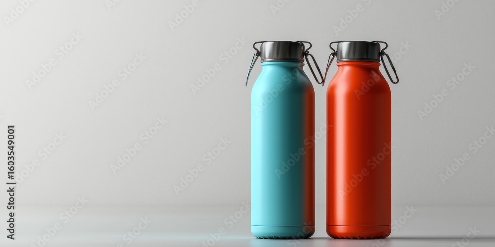 Poster 3d render of matching reusable water bottles