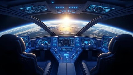 Observing Earth Sunrise from Futuristic Spacecraft Cockpit with Advanced Control Panels - Powered by Adobe