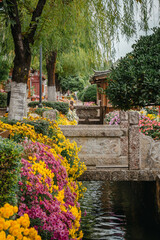 Obraz premium Stone bridge over flower-lined canal in Lijiang Old Town, China