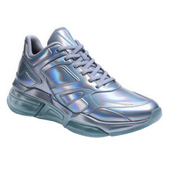 Futuristic silver sneaker showcasing a holographic design and sleek silhouette, perfect for modern fashion enthusiasts.