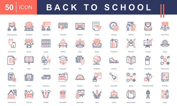 Back to School icon set featuring icons for classroom activities, school supplies, academic subjects, and student life. Perfect for education materials, school promotions, and learning platforms.