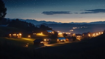 Night scene of illuminated cabins nestled in a mountain valley under a starry sky.
