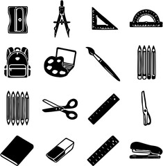 Obraz premium grid of school supply icons including pencil, ruler, backpack, paint tools etc..