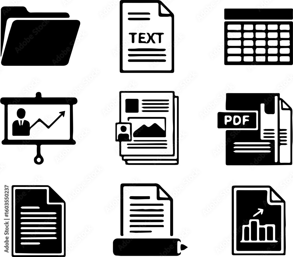 Fototapete document and file icons set with folder, pdf, calendar, and writing symbol