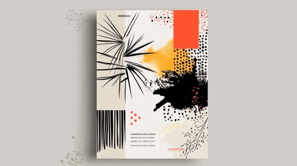Abstract art poster with geometric shapes, foliage, and paint splatters in beige, orange, and black.