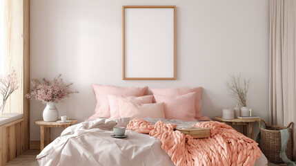 A bed with a pink blanket and pillows