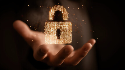 Digital lock cybersecurity data protection glowing hand security privacy technology