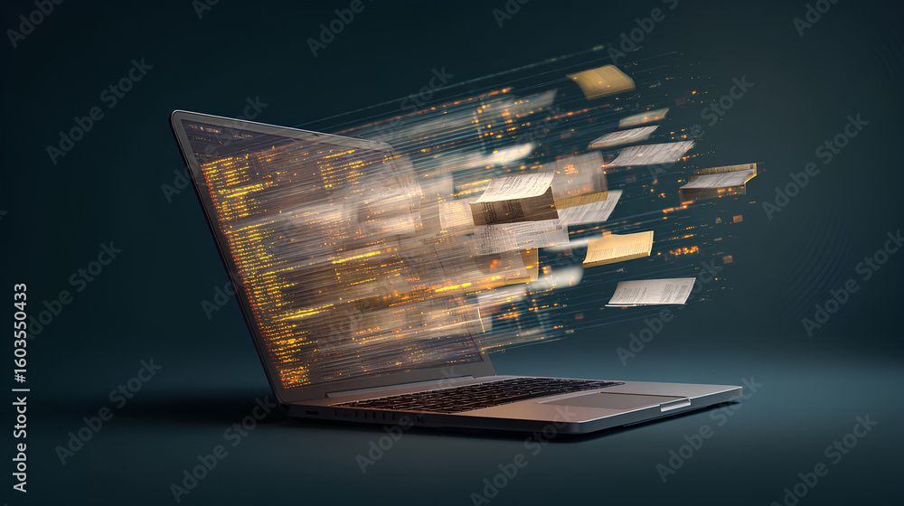 Poster a laptop with digital files emerging from the screen, symbolizing digital archiving and data storage
