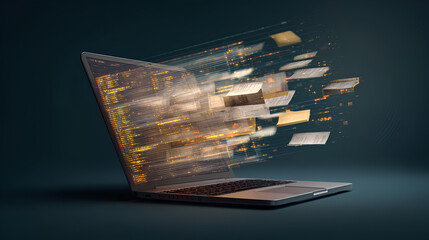 A laptop with digital files emerging from the screen, symbolizing digital archiving and data storage. Stock Illustration