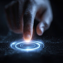 Futuristic hand finger glowing digital technology touch innovation dark background