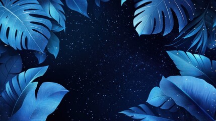 Blue tropical leaves frame on dark background with glitter.