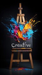 Creative colorful paint splash on canvas easel, vibrant artistic expression, dark background