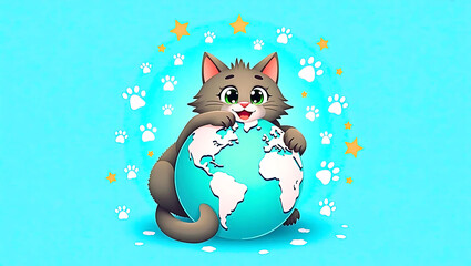 Cartoon Cat Hugging Globe – Global Celebration of International Cat Day