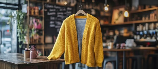 Yellow cardigan sweater hanging in a coffee shop.