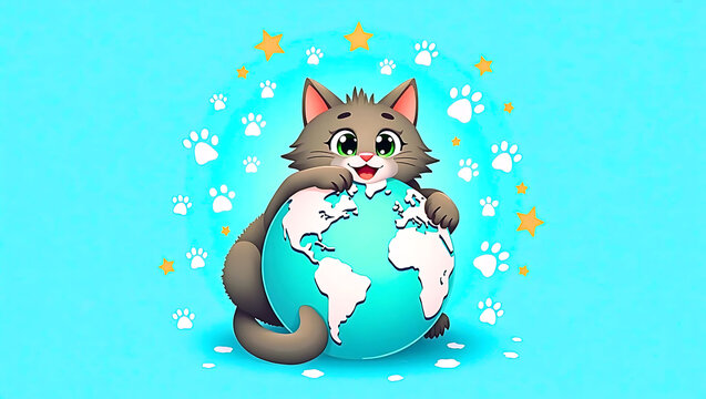 Cartoon Cat Hugging Globe – Global Celebration of International Cat Day