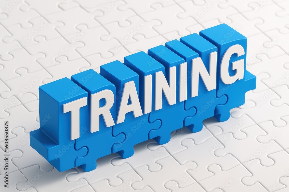 Poster training puzzle: a close-up of an arranged jigsaw puzzle with the word training spelled out in bold 