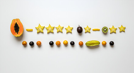 “Exotic fruit Morse code: each fruit representing dot or dash, cryptic flat lay”