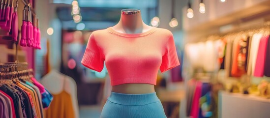 Pink crop top and blue skirt on mannequin in clothing store.