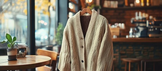 Beige knitted cardigan hanging in a cafe.