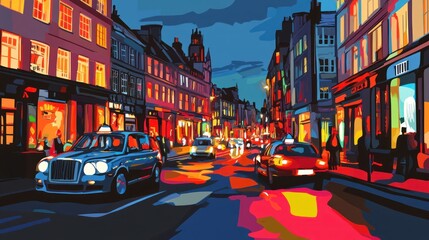 Vibrant nightlife street scene at dusk with taxis and pedestrians.