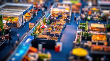 Miniature model of a bustling farmers market with various food stalls, shoppers, and vibrant produce.