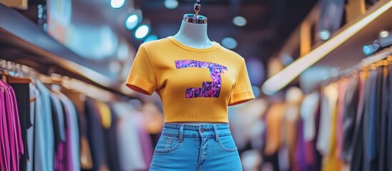 Yellow shirt and blue jeans on a mannequin in a clothing store.